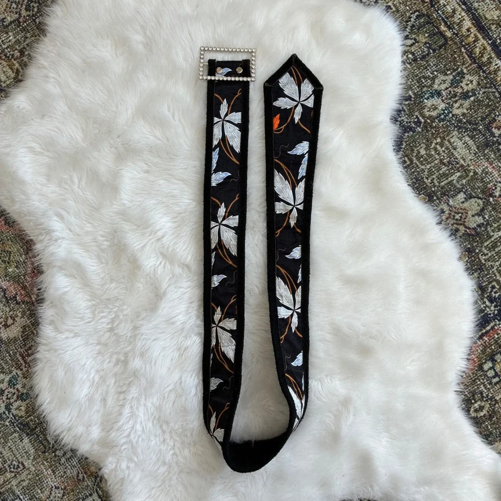 Vintage Silk‎ and Suede Hip Belt Black Botanical Leaf Rhinestone Buckle Korea